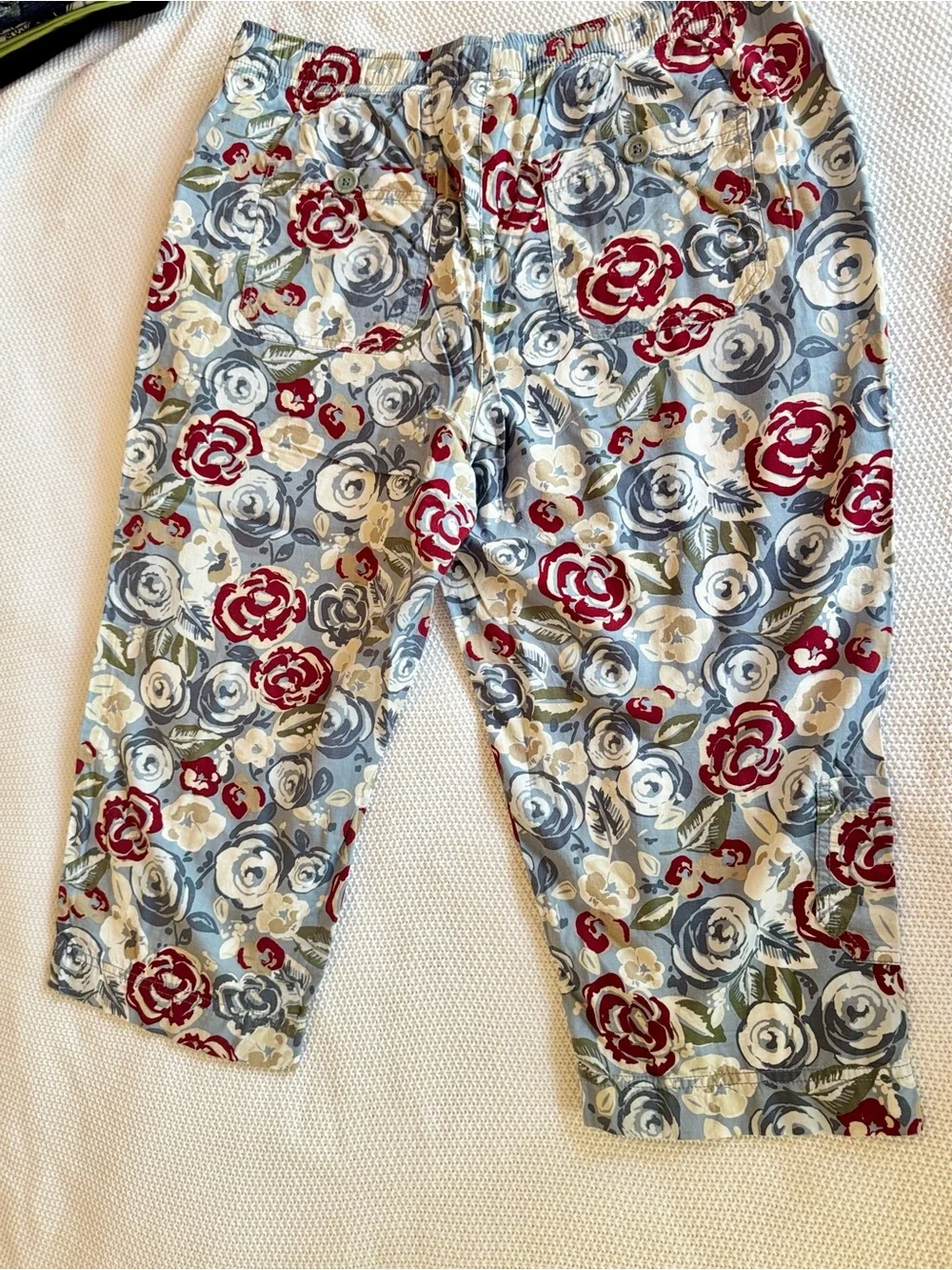 GV Elastic Waist Blue Floral Cropped Cargo Pants Lightweight Cotton Capris - Picture 8 of 14